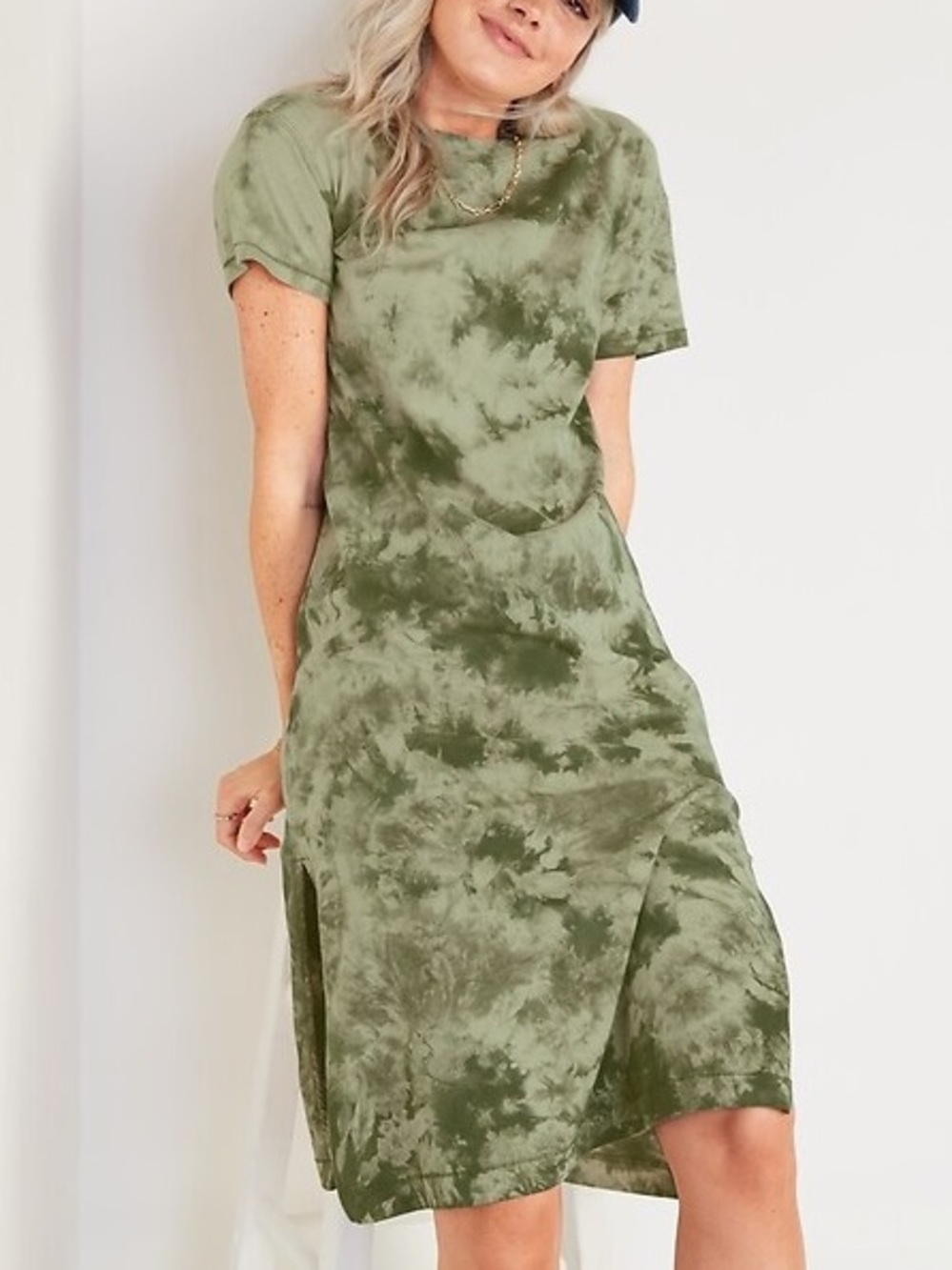 Old Navy Women S Olive Green Loose Vintage Tie-Dyed Midi T-Shirt Shift Dress